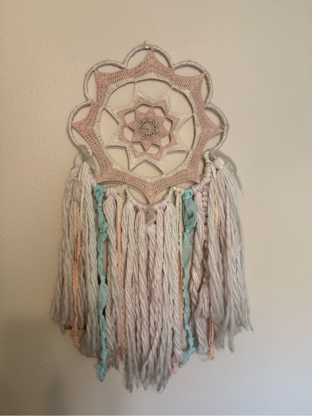 Crocheted Pink and Cream Boho Wall Hanging Dreamcatcher